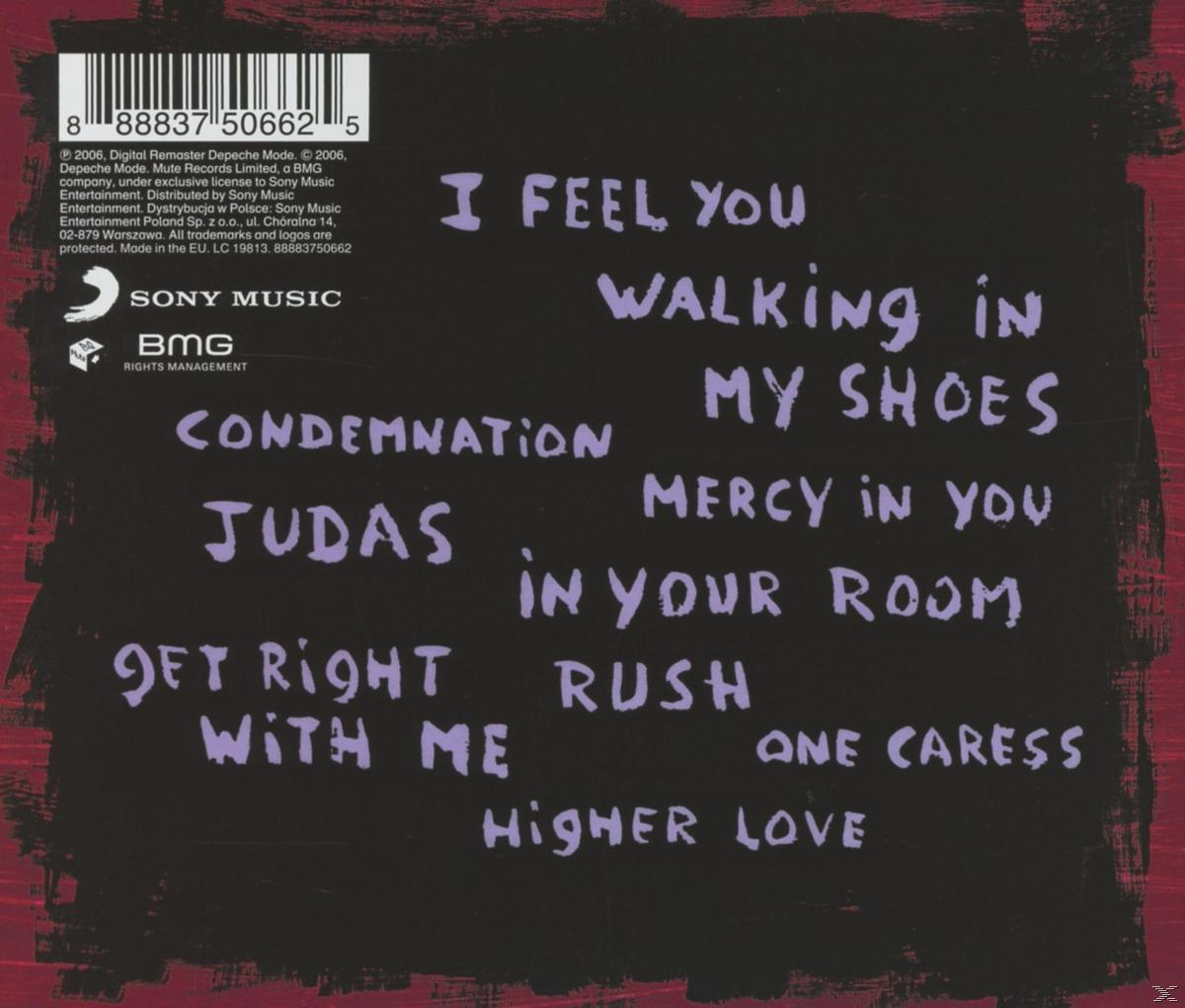 Rückseite einer CD mit Songtiteln und Texten von Depeche Mode.