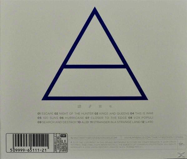 CD-borító kék háromszöggel és számlistával. A számok között szerepel az 'Escape', a 'Night of the Hunter' és a 'Kings and Queens'.