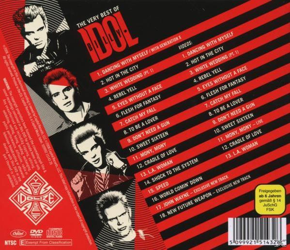 Billy Idol Albumcover mit Bandfotos und Tracklist auf rotem Hintergrund. Text: "THE VERY BEST OF".