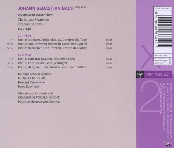 CD-Rückseite: Johann Sebastian Bach, Weihnachtsoratorium, Titelliste, Logo und Text.