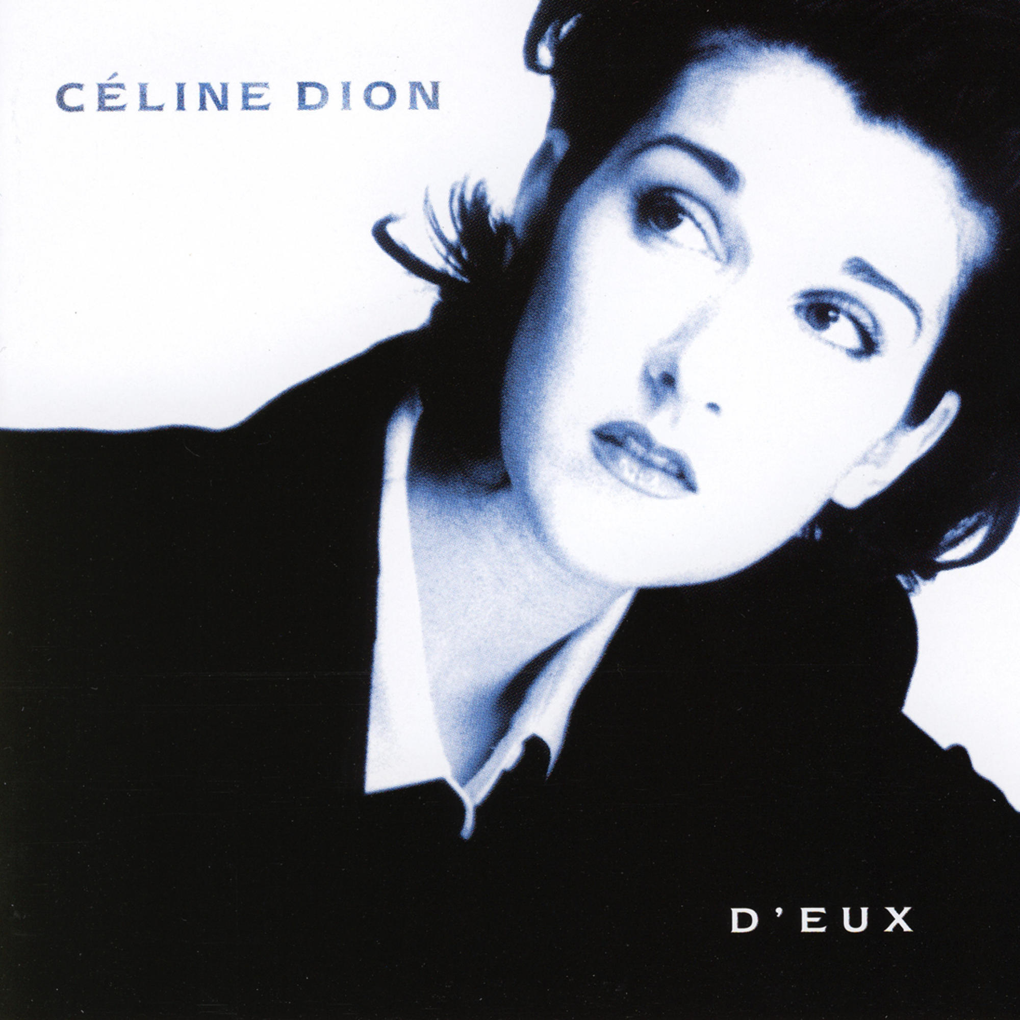 Albumcover mit Céline Dion in Schwarzweiß, mit dem Titel 'D'eux'.