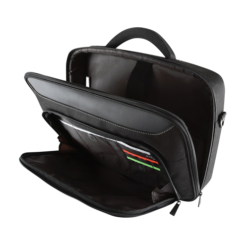 Schwarze Laptoptasche, offen. Innen Fächer für Dokumente und Zubehör. Weißer Hintergrund.
