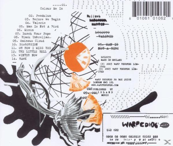 Pochette d'album avec des formes abstraites en orange et noir. Il y a une liste de chansons et le titre est "Warp CDios".
