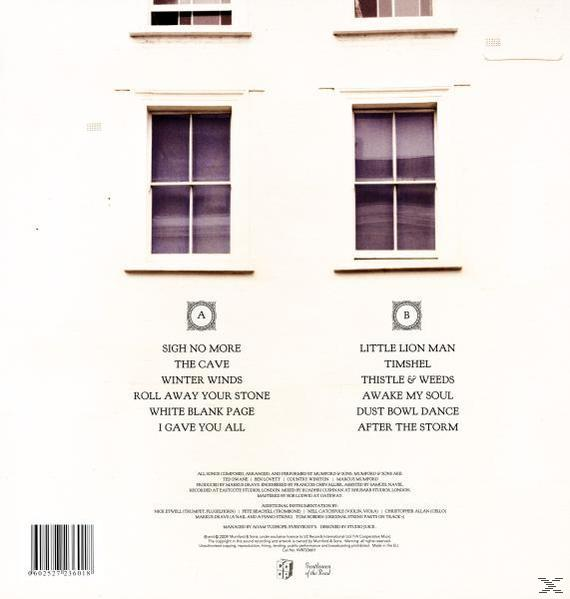 Albumcover mit Texten und Titellisten. Weißer Gebäudehintergrund.