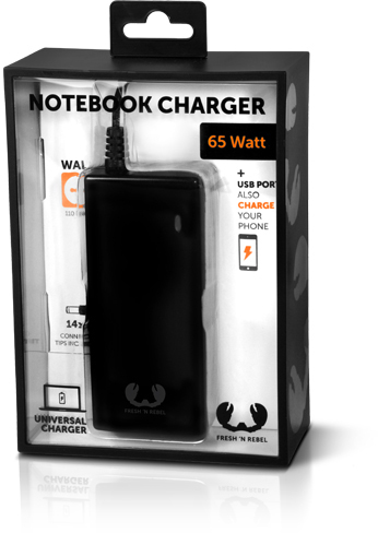 Schwarzes Notebook-Ladegerät in einer durchsichtigen Plastikbox, Aufschrift: Notebook Charger, 65 Watt, USB-Anschluss.