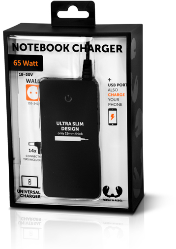 FRESH ‘N REBEL Slim Notebook Charger 65Watt Notebook Netzteil Acer, Asus, Compaq, Dell, Fujitsu, Gateway, Hitachi, HP, IBM/Lenovo, Panasonic, Samsung, Sharp, Sony, Toshiba, Schwarz