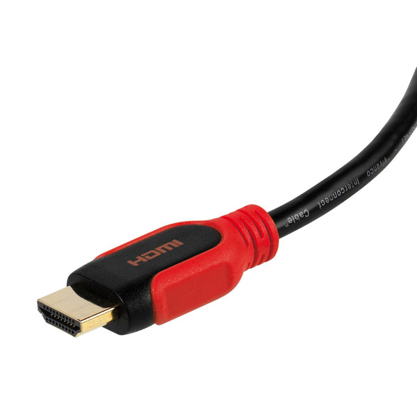 HDMI-Kabel mit einem schwarzen und roten Stecker und einem goldfarbenen Stecker.