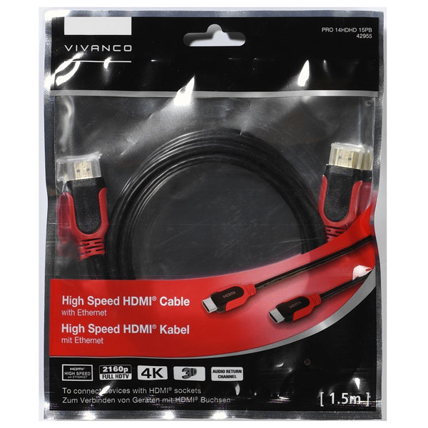 Ein HDMI-Kabel in einer durchsichtigen Plastikverpackung, mit roten und schwarzen Steckern und Schrift.