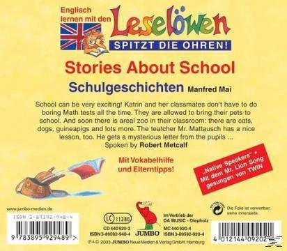 Rückseite eines Buches: Geschichten über die Schule. Ein Buch, eine Tasche und ein rotes Schild.