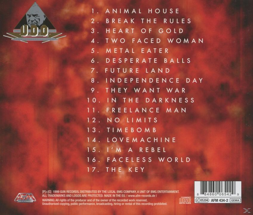 Album-Rückseite mit Songtiteln und einem Logo. Das Album hat ein rot-weißes Farbschema.