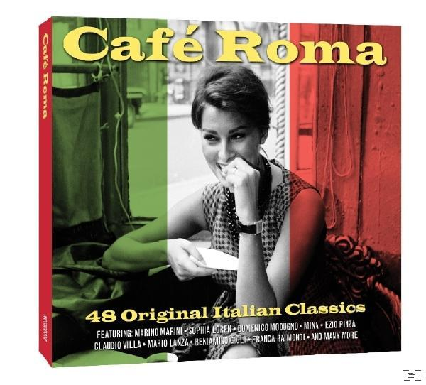 Albumcover: Eine lächelnde Frau hält ein Papier, italienische Flaggenfarben. Text: Café Roma, 48 italienische Klassiker. Mit: Sophia Loren.