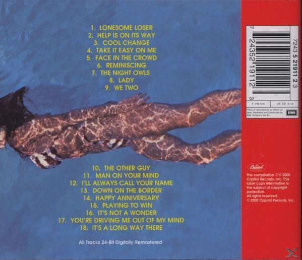 Rückseite des CD-Covers. Körper im Wasser. Nummerierte Songtitel aufgelistet. Rote und blaue Farben. Text: Capitol Records.