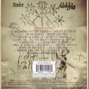CD-Rückseite mit Titelliste und Credits für Senior Adolphus' "The Greatest Hits" Album.