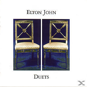 Albumcover mit zwei Stühlen. Goldbesatz mit schwarzem Hintergrund. Titel: Duette. Künstler: Elton John.
