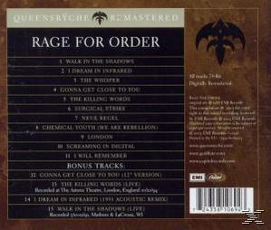 Albumcover mit Titelliste auf braunem Hintergrund. Das Album heißt Rage for Order.