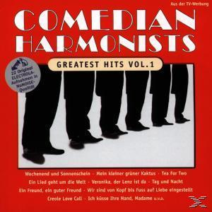 CD-Cover von 'Comedian Harmonists'. Zeigt Beine von Männern in schwarzen Anzügen. Roter Hintergrund mit weißem Text.