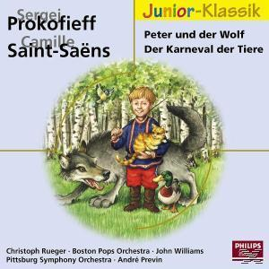 Albumcover mit Illustration eines Jungen, eines Wolfs, einer Katze und einer Ente. Cartoon-Stil.