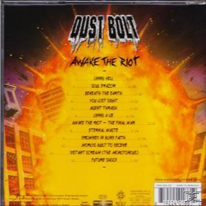 CD borító: Dust Bolt zenekar, Awake The Riot cím, számlista lángoló háttérrel. Épület sziluettek.