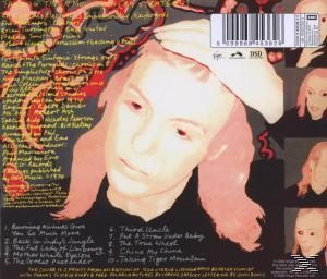 Rückseite des Albums. Gesicht eines Mannes mit Text und Trackliste. Verschiedene Farben und Text vorhanden.
