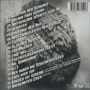 Albumcover mit Gehirn und Text auf grauem Hintergrund. Titelliste links, Barcode rechts.