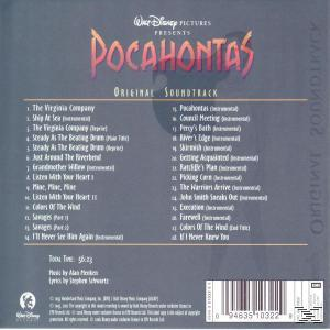 Pocahontas Soundtrack-Rückseite. Text auf Englisch. Enthält eine Titelliste und das Disney-Logo.