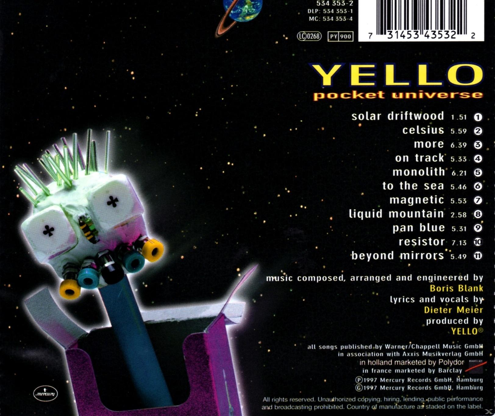 Yello Album-Rückseite, Weltraumthema mit Roboter, Titelliste und Produktionsdetails.