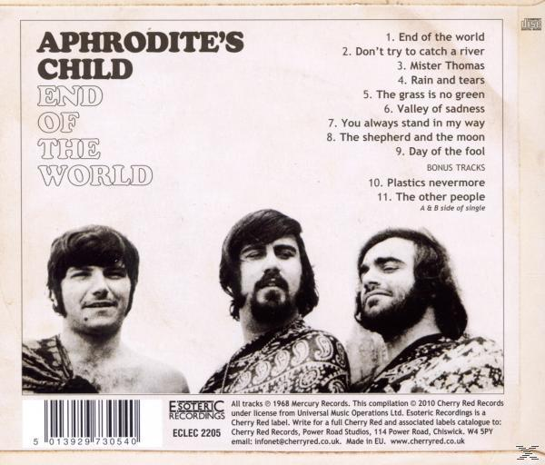 CD-Rückseite für Aphrodite's Child - End of the World. Drei Männer, eine Liste der Songs und Text.