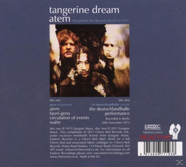 A Tangerine Dream 'Atem' CD hátlapja. A zenekar tagjait és az album részleteit mutatja.