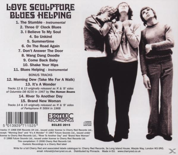 Albumcover von Love Sculpture. Zeigt drei Männer in schwarzer Kleidung und eine Titelliste.
