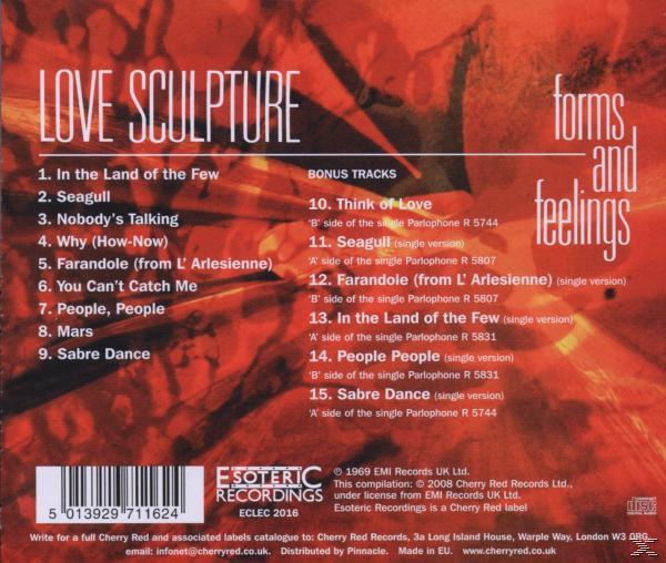 Albumcover mit Trackliste von Love Sculpture's "Forms and Feelings" und rotem Hintergrund.