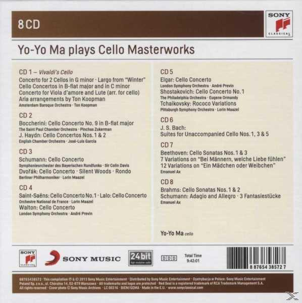 CD borító. A szöveg felsorolja a dalokat és az előadókat. 8 CD-t mutat. Cím: Yo-Yo Ma játssza a Cello Masterworks-t.