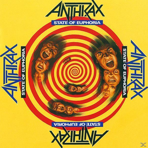 Anthrax State of Euphoria Albumcover. Gesichter in einer Spirale und der Name der Band auf gelbem Grund.