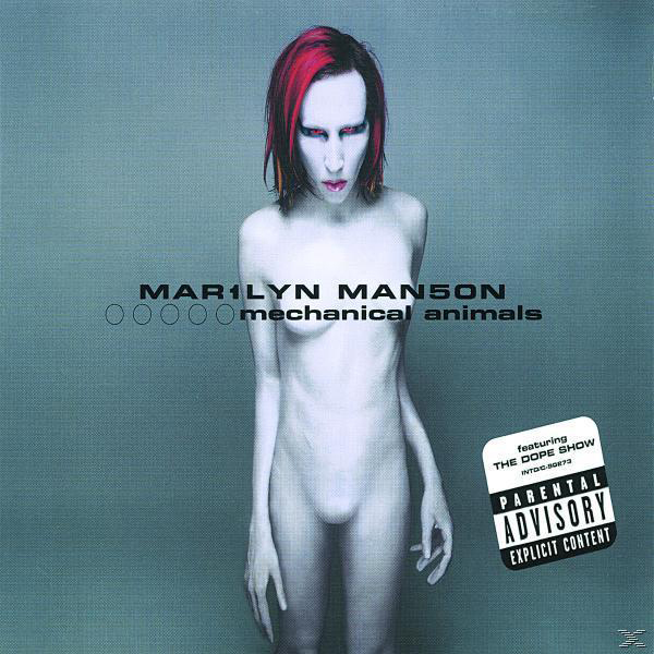 Albumcover für 'Mechanical Animals' von Marilyn Manson. Nackte Figur mit roten Haaren. Grauer Hintergrund.