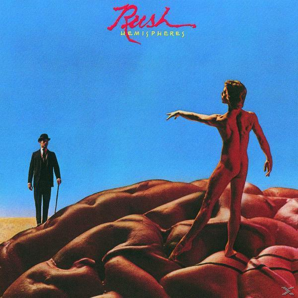 Albumcover, nackte Figur auf Gesichtern, Mann im Anzug, Rush-Logo.