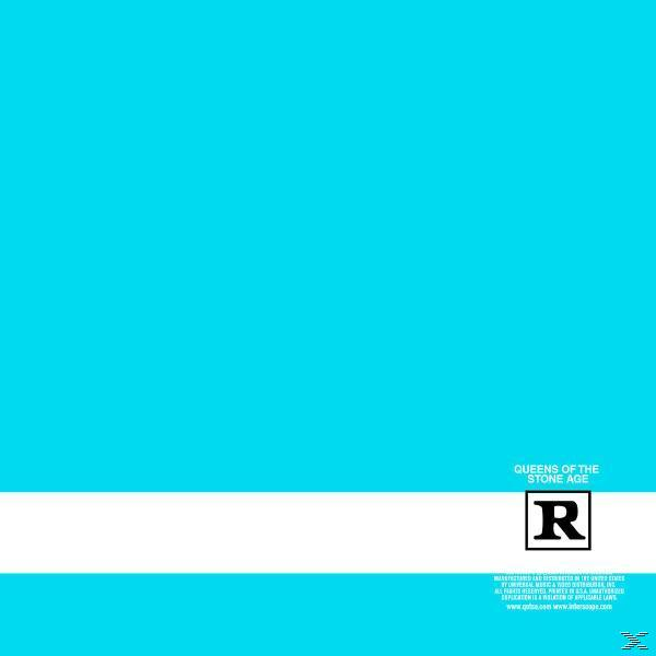 Albumcover für Queens of the Stone Age. Ein hellblauer Hintergrund mit weißen Streifen und dem Buchstaben R.