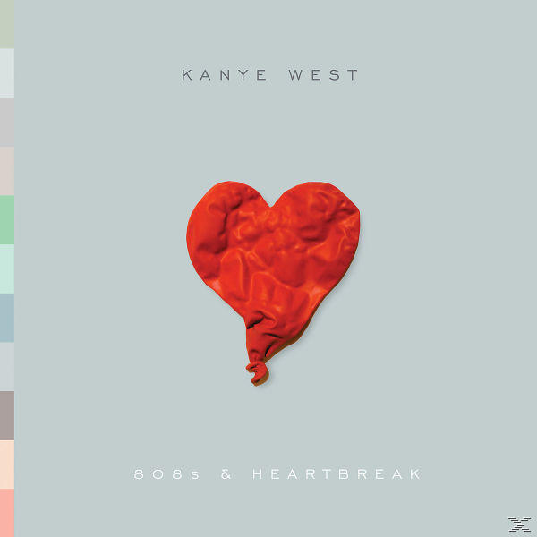 Albumcover für Kanye Wests "808s & Heartbreak". Rotes, entleertes Herz auf hellblauem Hintergrund.