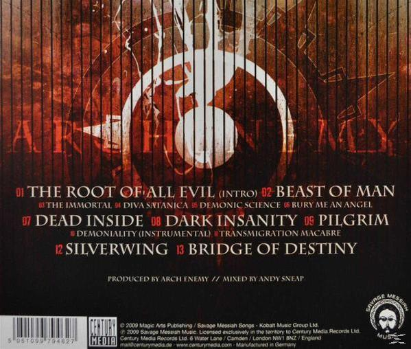 Rückseite des Albums: Titelliste mit rotem Hintergrund und einem zentrierten Logo mit einem weißen Kreis in der Mitte.