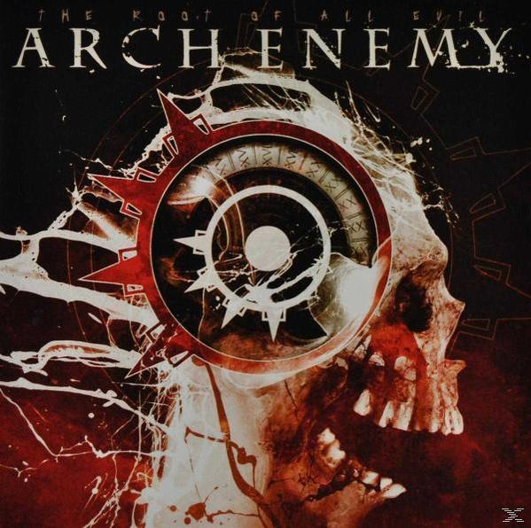 Albumcover mit einem Totenkopf, Zahnrädern und Text: The Root of All Evil, Arch Enemy.