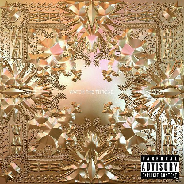 Albumcover mit goldenen geometrischen Formen und dem Titel "WATCH THE THRONE".
