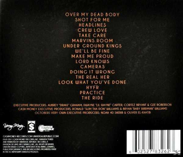 Rückseite eines Albums mit Trackliste und Credits. Dunkler Hintergrund mit Text in Orange und Weiß.