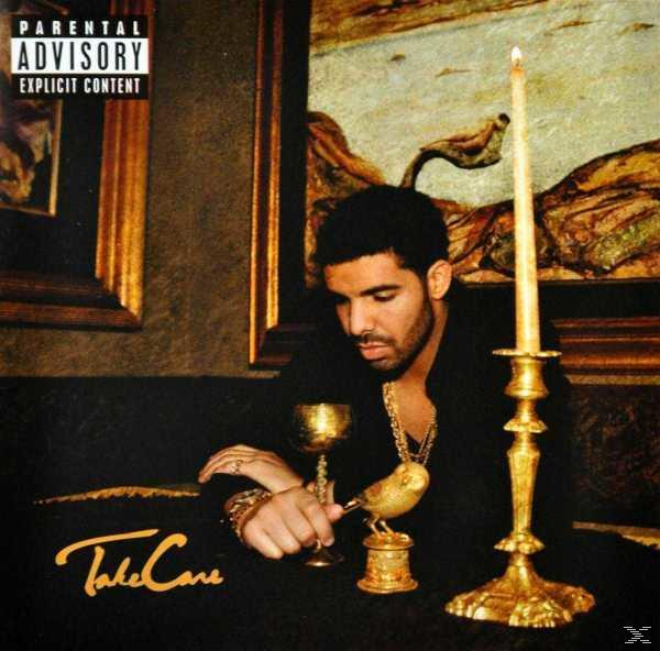 Drake-Albumcover mit goldenen Gegenständen. Drake, hält eine goldene Tasse und Vogelstatue, Kerze und Text.