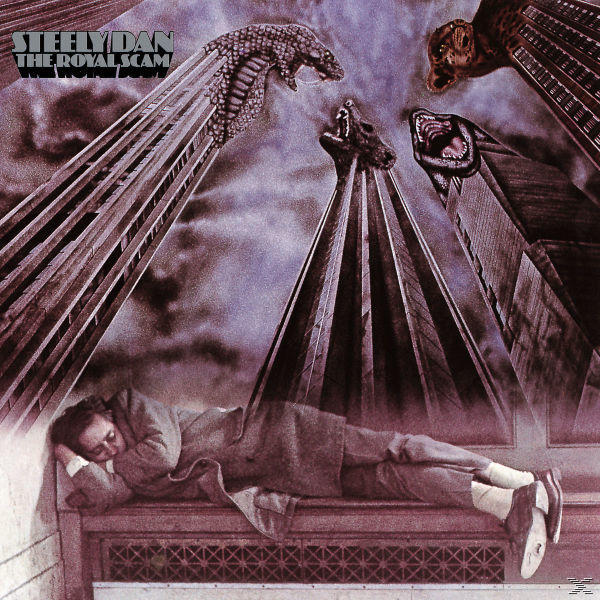 Albumcover von The Royal Scam mit Wolkenkratzern und riesigen Kreaturen am Himmel.