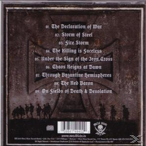Album-Rückseite, ein Kreuz mit Schwert, Silhouetten von Soldaten und Titelliste.