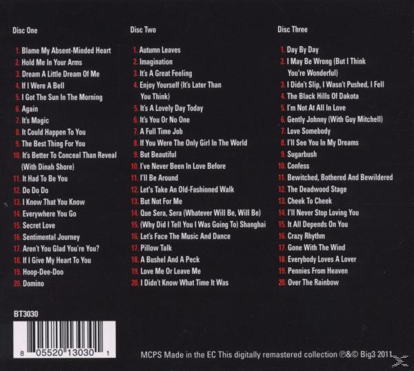 Albumcover mit Titellisten unter 'Disc One', 'Disc Two' und 'Disc Three'. Schwarzer Text auf weißem Hintergrund.