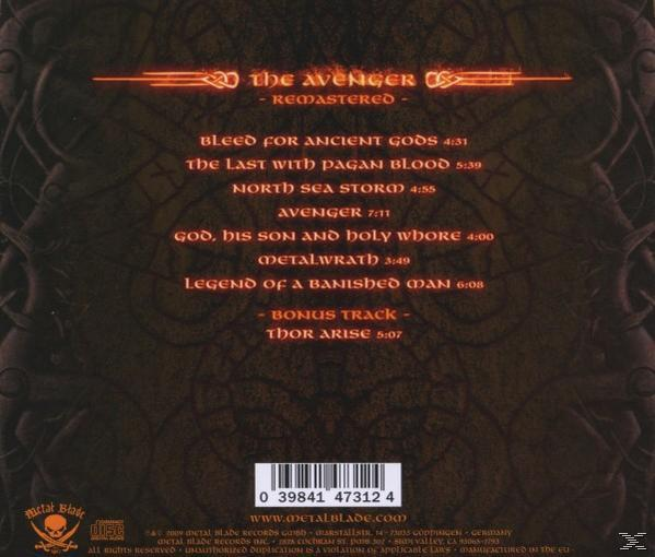 Rückseite des Albums. The Avenger - Remastered. Titelliste mit Songtiteln und Spieldauern auf dunklem Hintergrund.