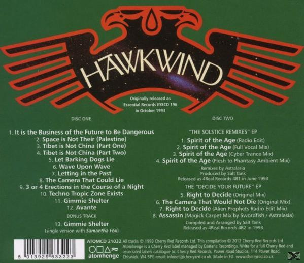 Albumcover: Hawkwind-Logo, Titelliste auf grünem Hintergrund, Auflistung von Disc 1 und Disc 2, Text über das Album.