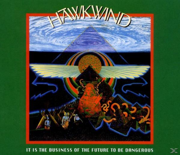 Albumcover für Hawkwind. Enthält eine Pyramide und surreale Bilder vor grünem Hintergrund mit dem Text "It is the business..."