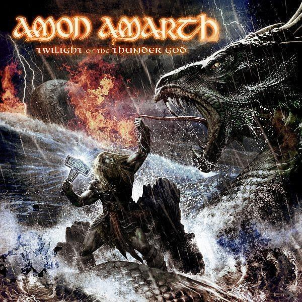 Albumcover. Ein Wikinger kämpft gegen einen Drachen in stürmischer See.