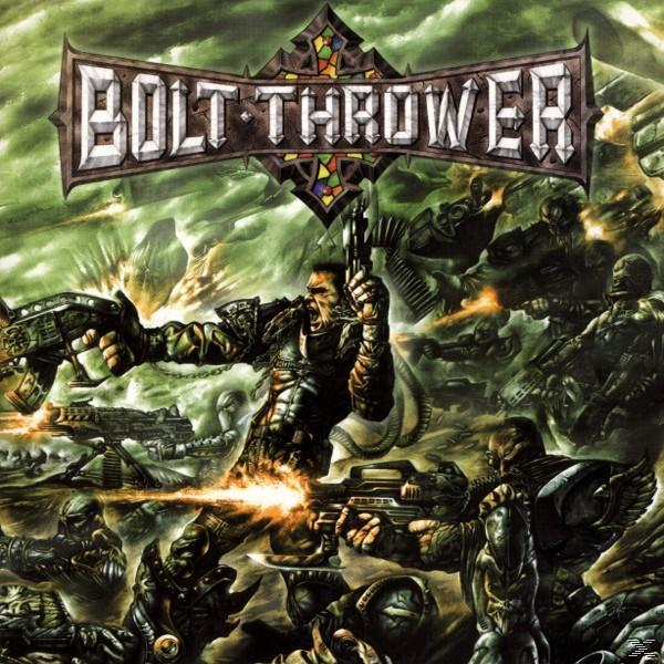 Albumcover von Bolt Thrower. Eine Kriegsszene mit Soldaten mit Waffen. Text: Bolt Thrower.