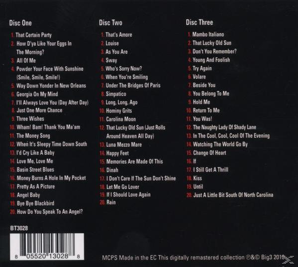 CD-Cover mit Songtiteln auf drei Discs. Weißer Text auf schwarzem Hintergrund. Enthält Barcode und Copyright-Details.